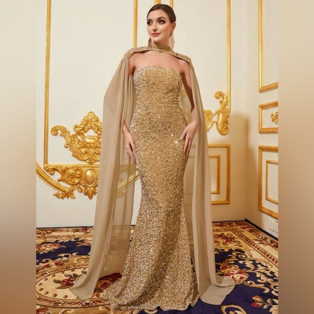 Elegant Long Champagne Draped Sequin Cape & Mermaid Dress Wedding Party Prom - Picture 4 of 8